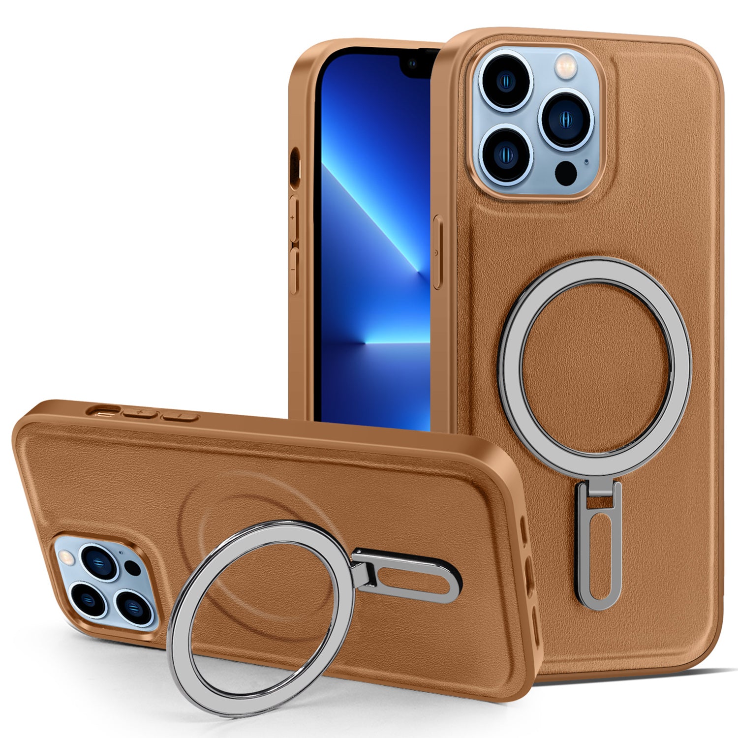 Magnetic Cover for iPhone 13 Pro Max 6.7 inch PU Leather Coated PC+TPU Phone Case with Kickstand - Brown
