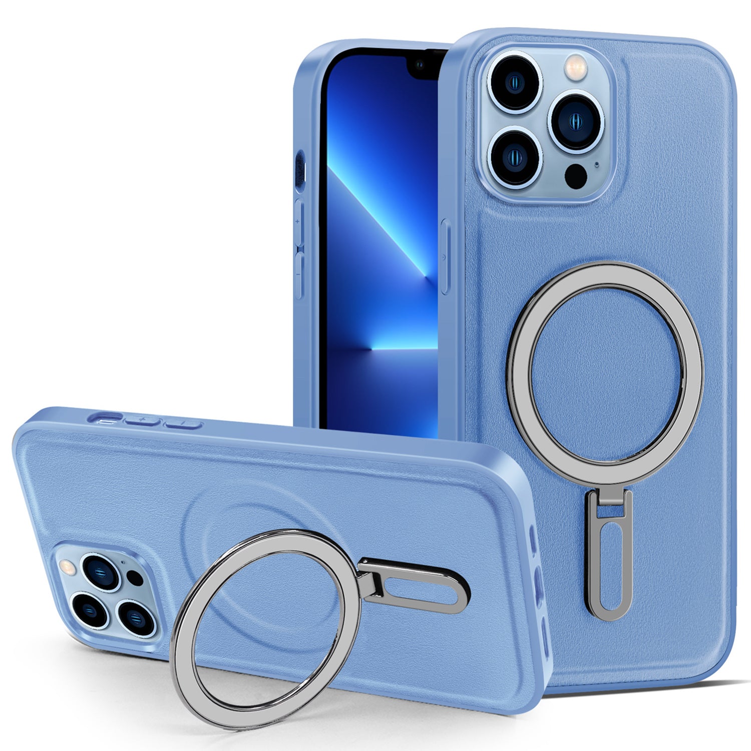 Magnetic Cover for iPhone 13 Pro Max 6.7 inch PU Leather Coated PC+TPU Phone Case with Kickstand - Baby Blue