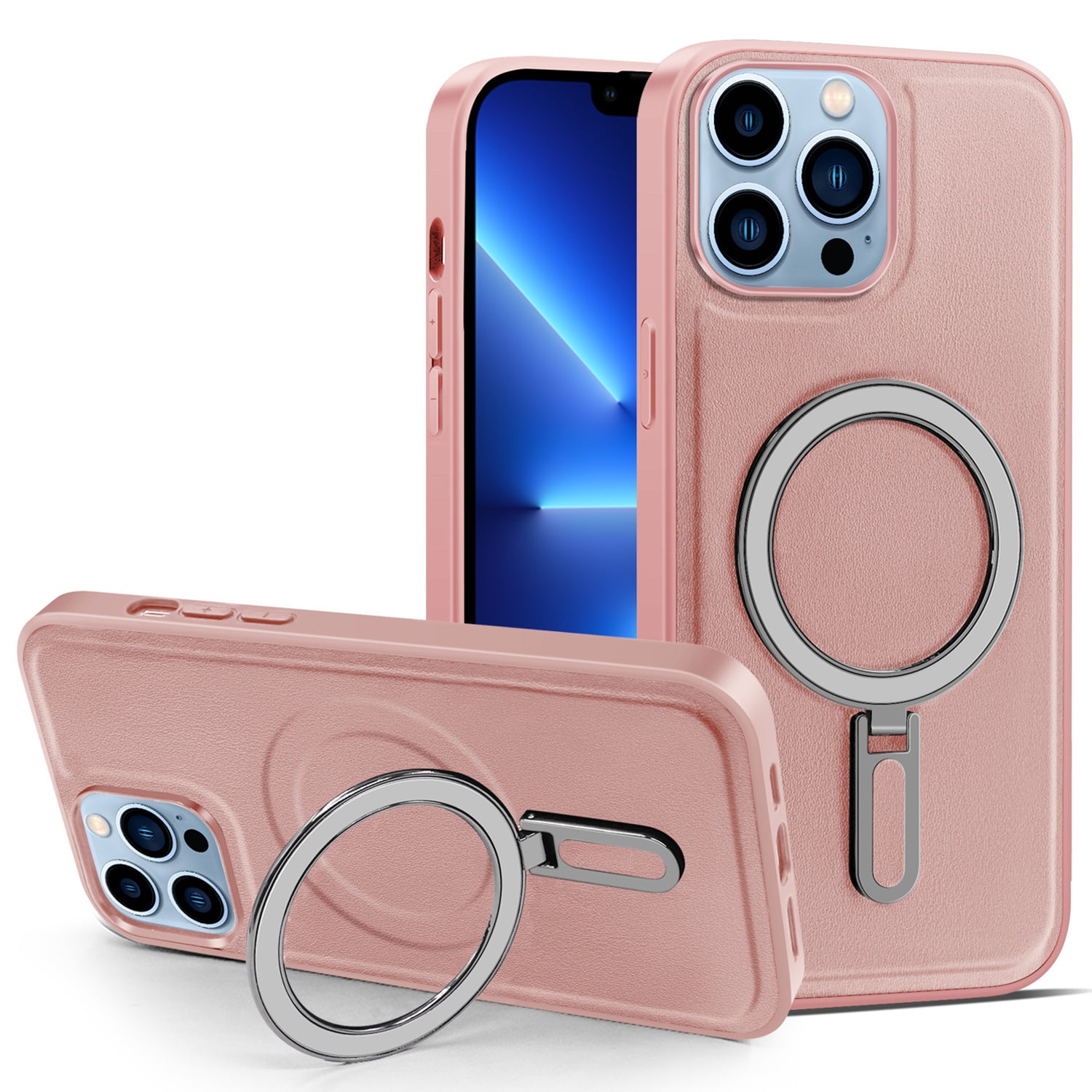 Magnetic Cover for iPhone 13 Pro Max 6.7 inch PU Leather Coated PC+TPU Phone Case with Kickstand - Pink
