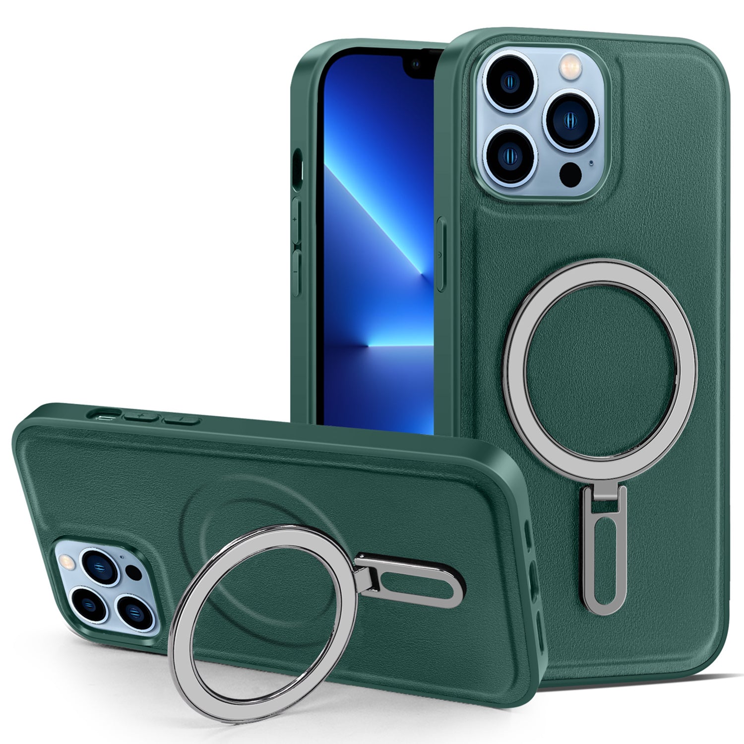 Magnetic Cover for iPhone 13 Pro Max 6.7 inch PU Leather Coated PC+TPU Phone Case with Kickstand - Green