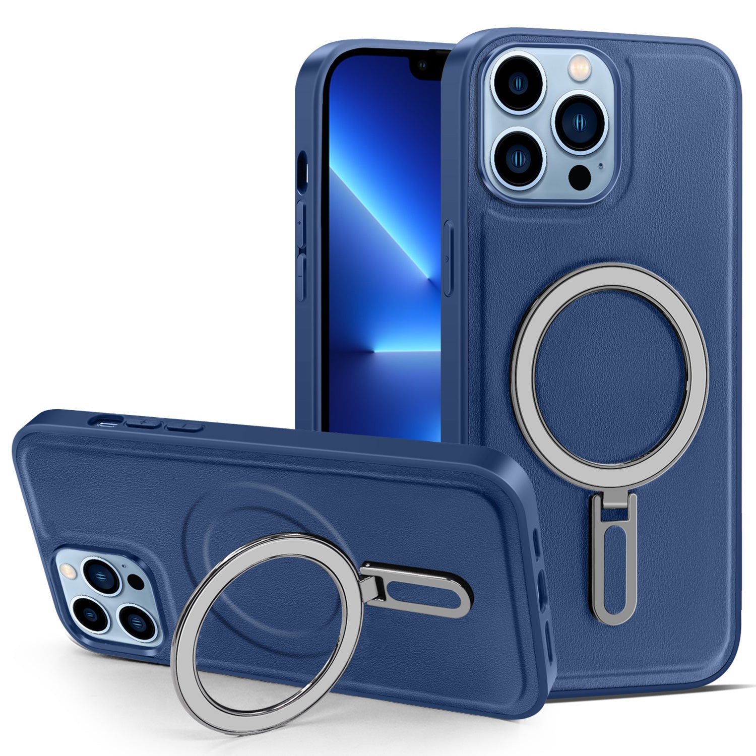 Magnetic Cover for iPhone 13 Pro Max 6.7 inch PU Leather Coated PC+TPU Phone Case with Kickstand - Blue