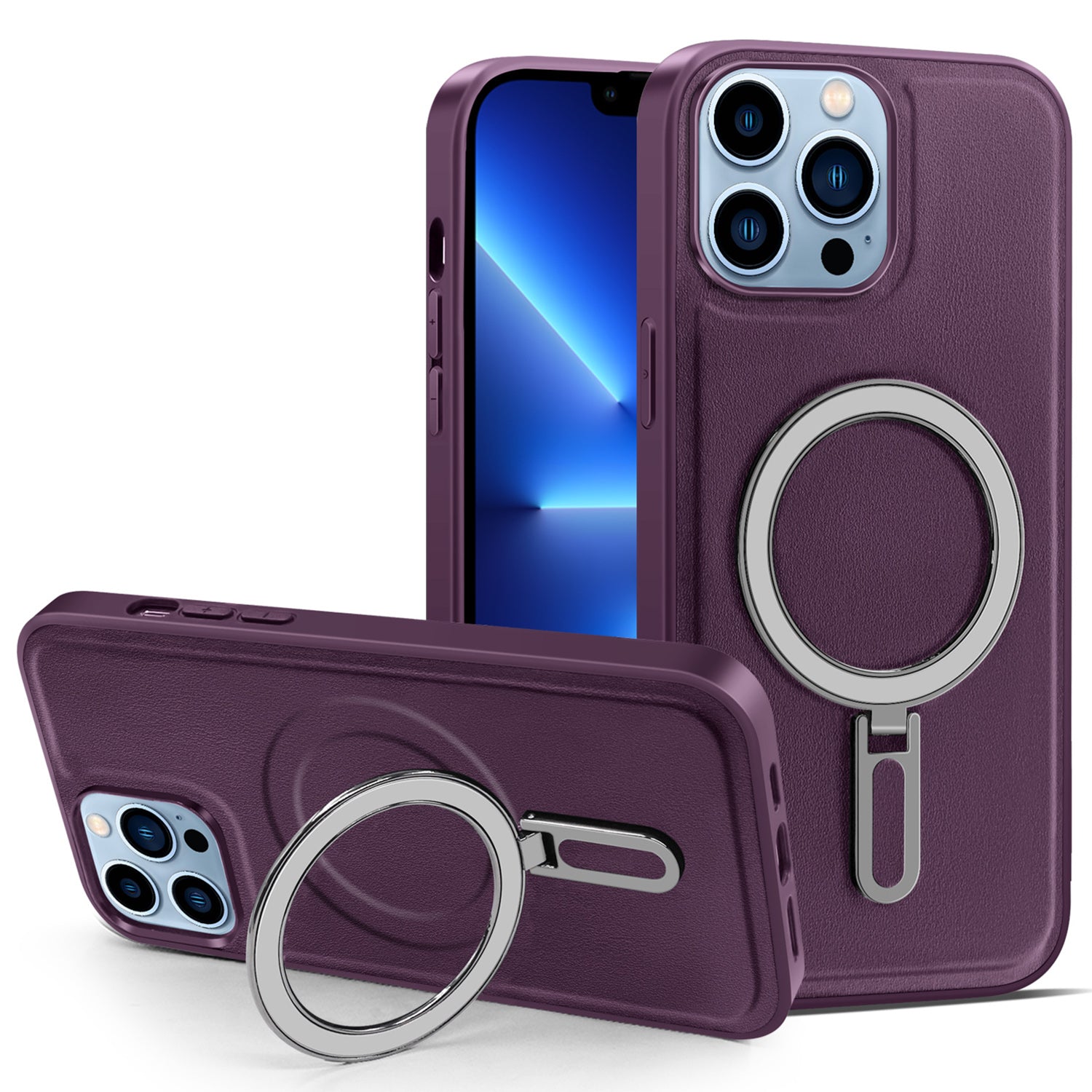 Magnetic Cover for iPhone 13 Pro Max 6.7 inch PU Leather Coated PC+TPU Phone Case with Kickstand - Purple