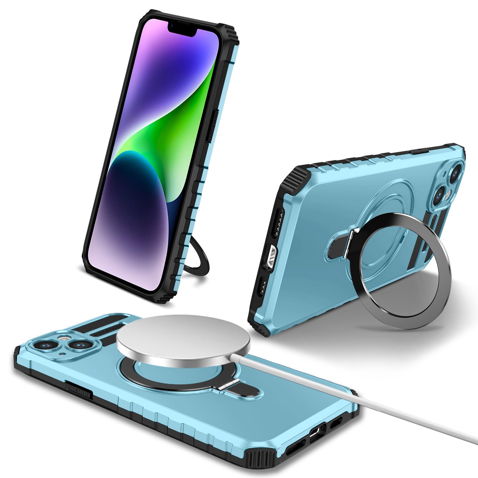 Anti-Drop Phone Cover for iPhone 14 Kickstand Case Compatible with MagSafe Charger TPU+PC Phone Case - Baby Blue