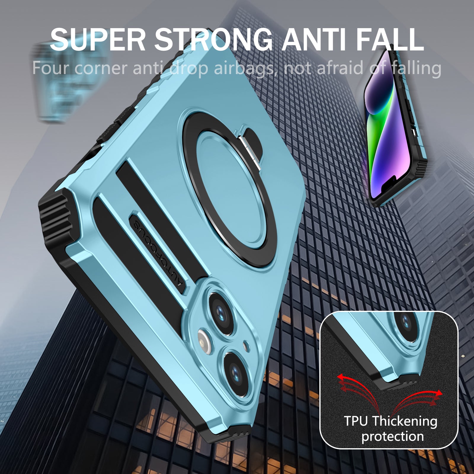 Anti-Drop Phone Cover for iPhone 14 Kickstand Case Compatible with MagSafe Charger TPU+PC Phone Case - Baby Blue