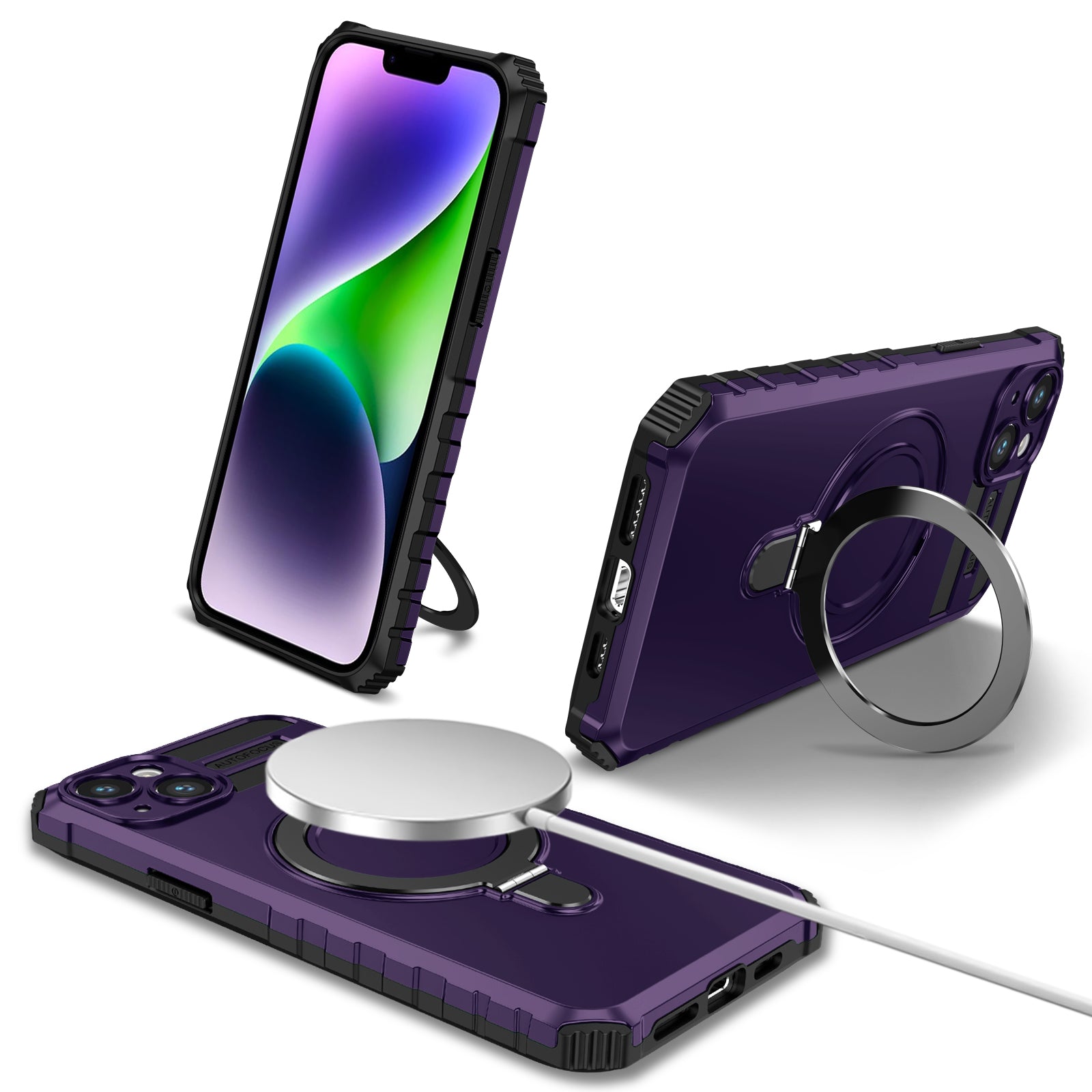 Anti-Drop Phone Cover for iPhone 14 Kickstand Case Compatible with MagSafe Charger TPU+PC Phone Case - Purple