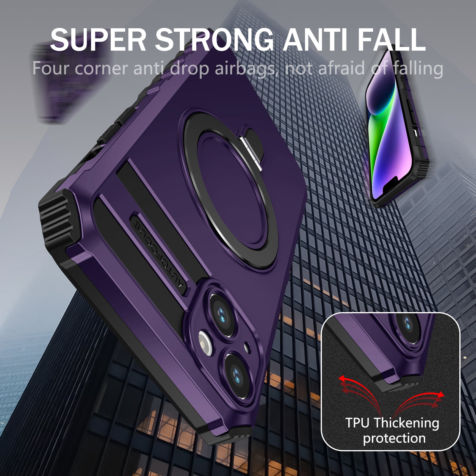 Anti-Drop Phone Cover for iPhone 14 Kickstand Case Compatible with MagSafe Charger TPU+PC Phone Case - Purple