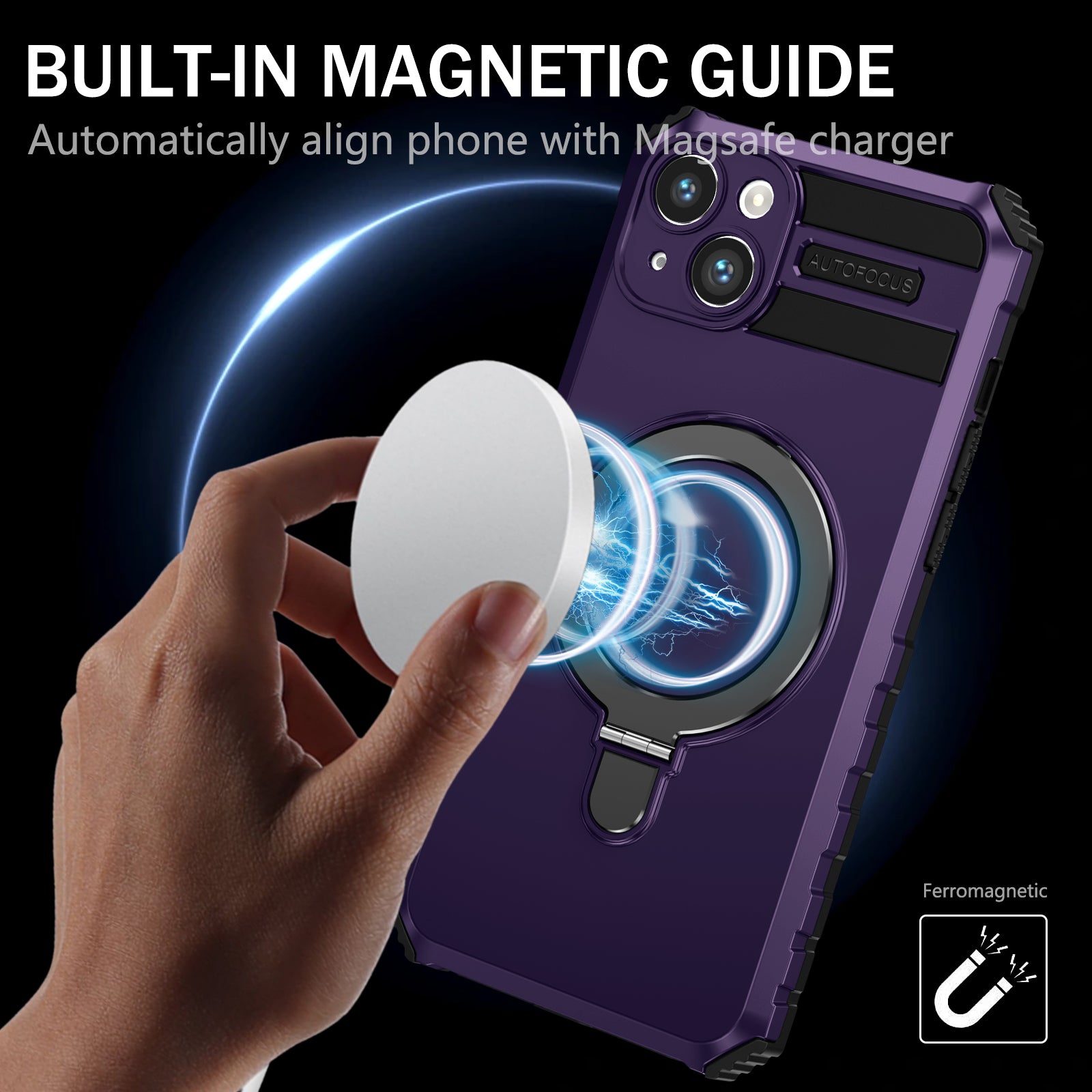 Anti-Drop Phone Cover for iPhone 14 Kickstand Case Compatible with MagSafe Charger TPU+PC Phone Case - Purple