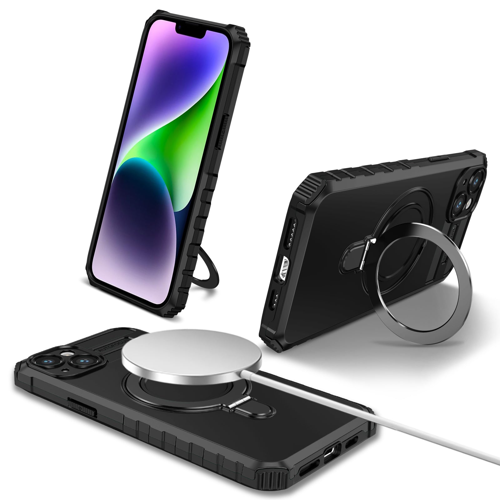 Compatible with MagSafe Charger Phone Cover for iPhone 14 Plus TPU+PC Kickstand Matte Phone Case - Black