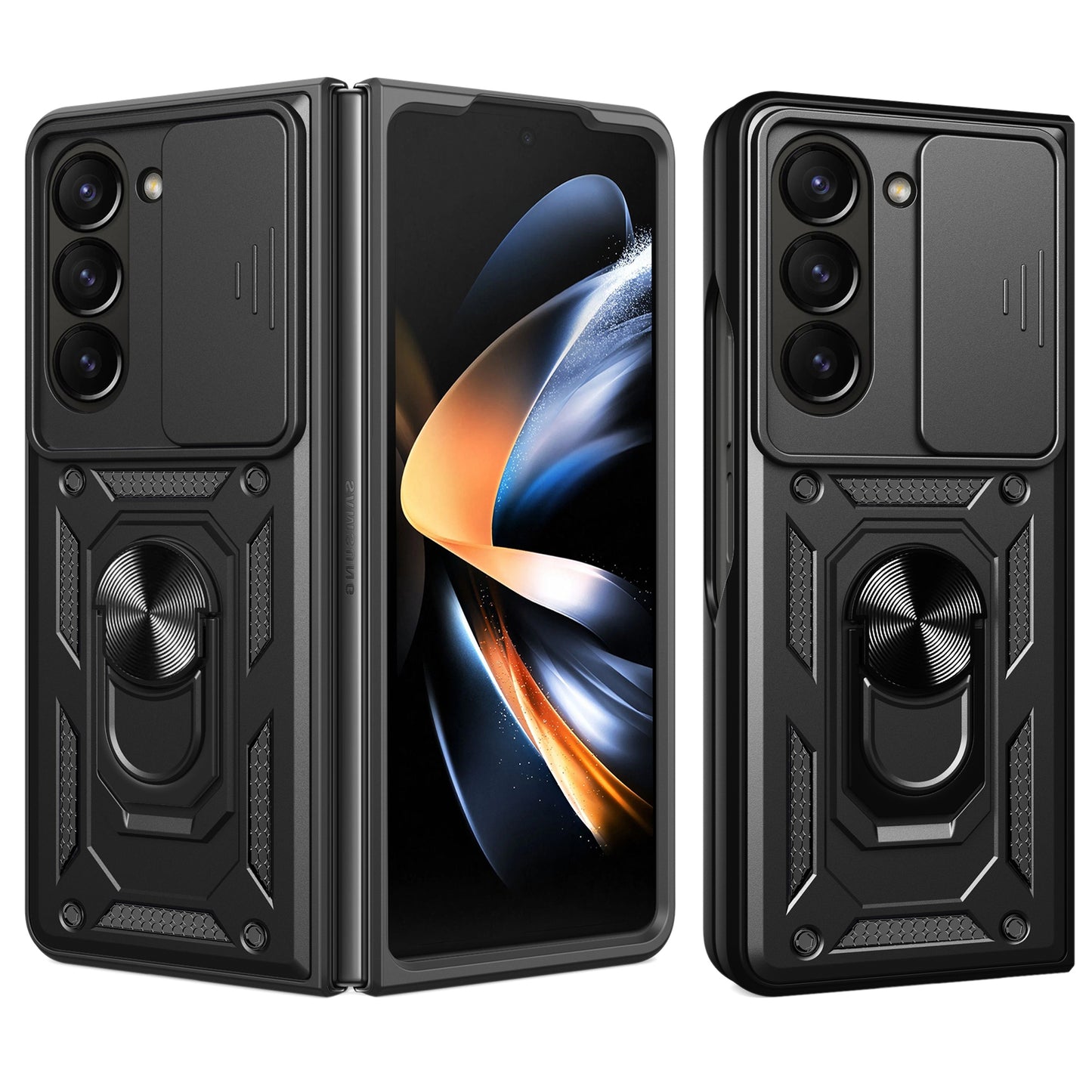 Uniqkart for Samsung Galaxy Z Fold5 5G Kickstand Phone Cover PC+TPU Case with Slide Lens Protector - Black