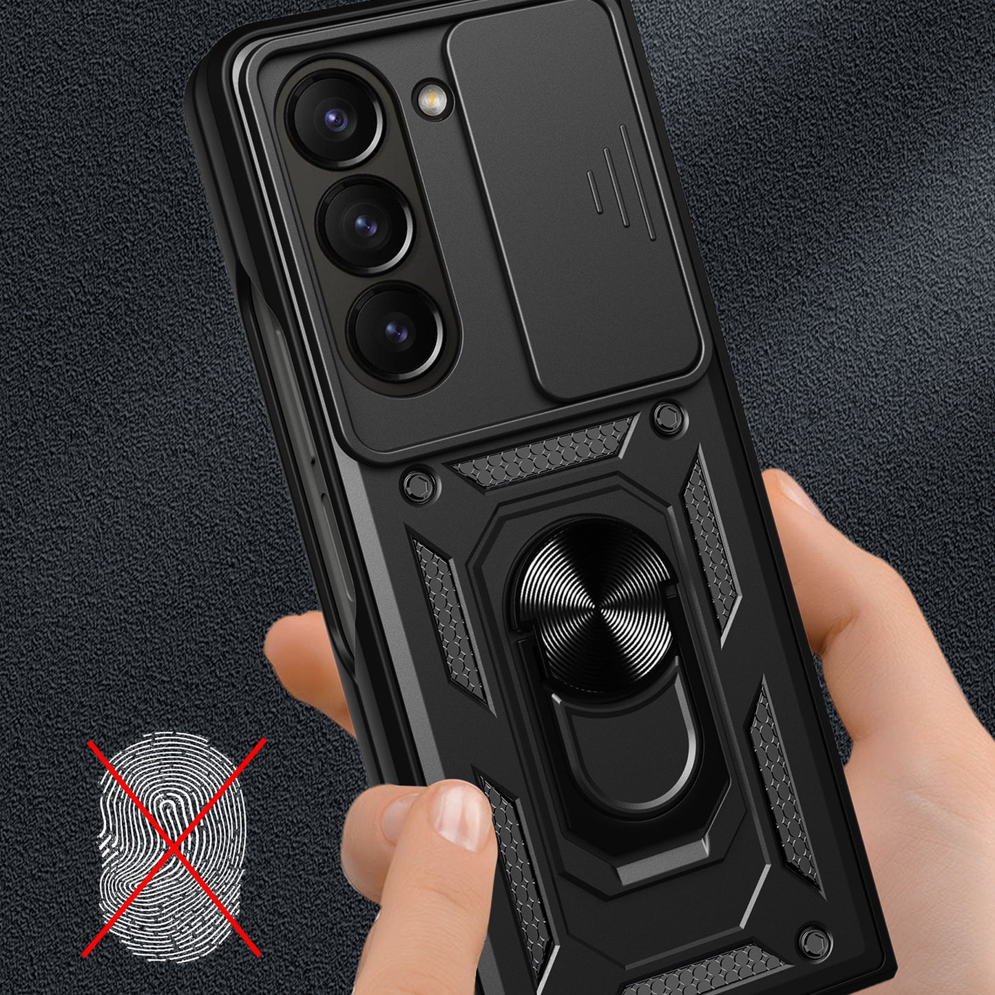 Uniqkart for Samsung Galaxy Z Fold5 5G Kickstand Phone Cover PC+TPU Case with Slide Lens Protector - Black