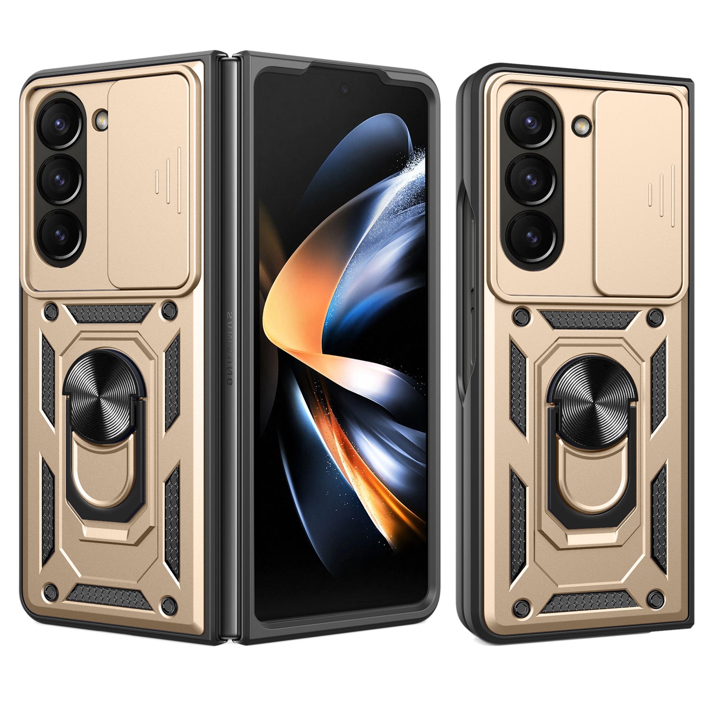 Uniqkart for Samsung Galaxy Z Fold5 5G Kickstand Phone Cover PC+TPU Case with Slide Lens Protector - Gold