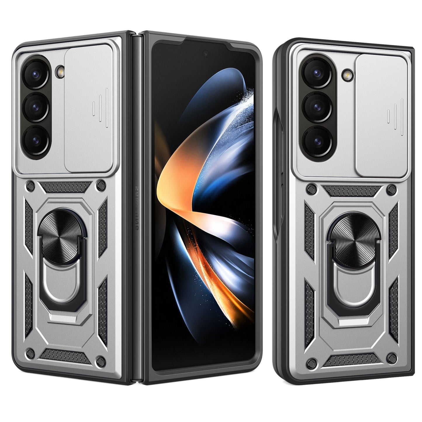 Uniqkart for Samsung Galaxy Z Fold5 5G Kickstand Phone Cover PC+TPU Case with Slide Lens Protector - Silver