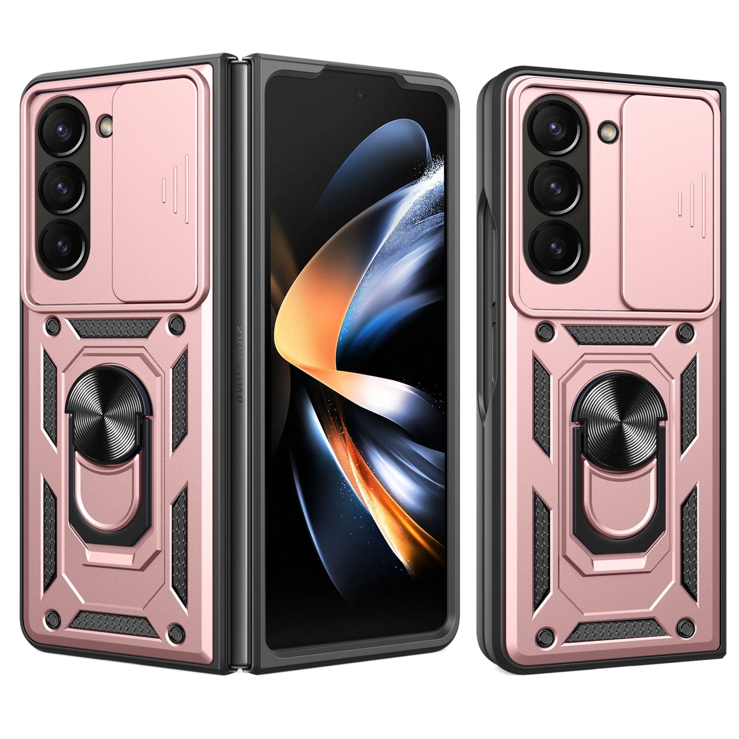 Uniqkart for Samsung Galaxy Z Fold5 5G Kickstand Phone Cover PC+TPU Case with Slide Lens Protector - Rose Gold