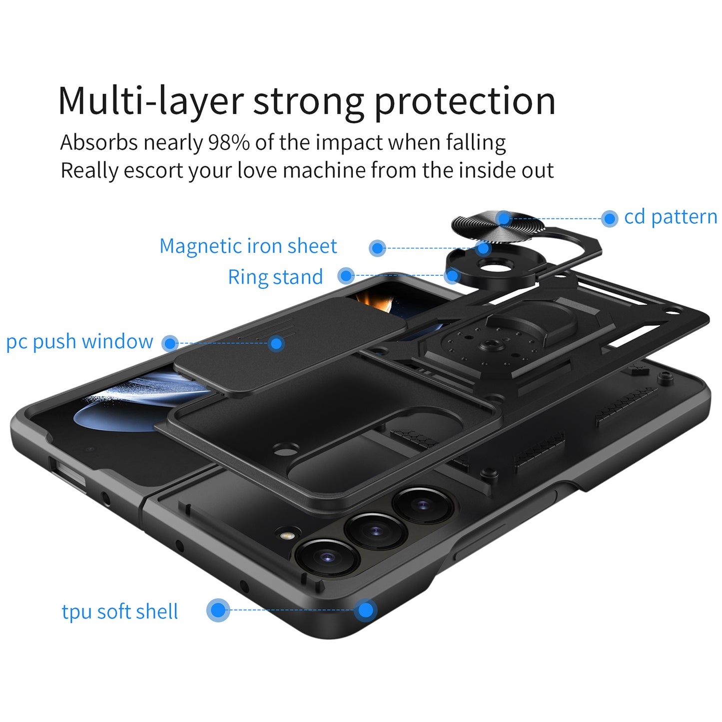 Uniqkart for Samsung Galaxy Z Fold5 5G Kickstand Phone Cover PC+TPU Case with Slide Lens Protector - Rose Gold