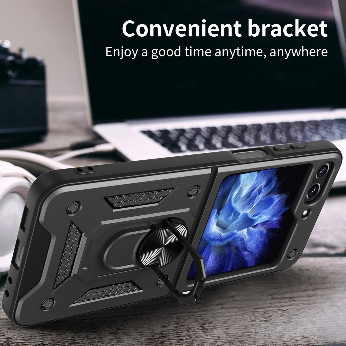 Kickstand Phone Case for Samsung Galaxy Z Flip5 5G , PC+TPU Magnetic Car Mount Phone Cover - Gold