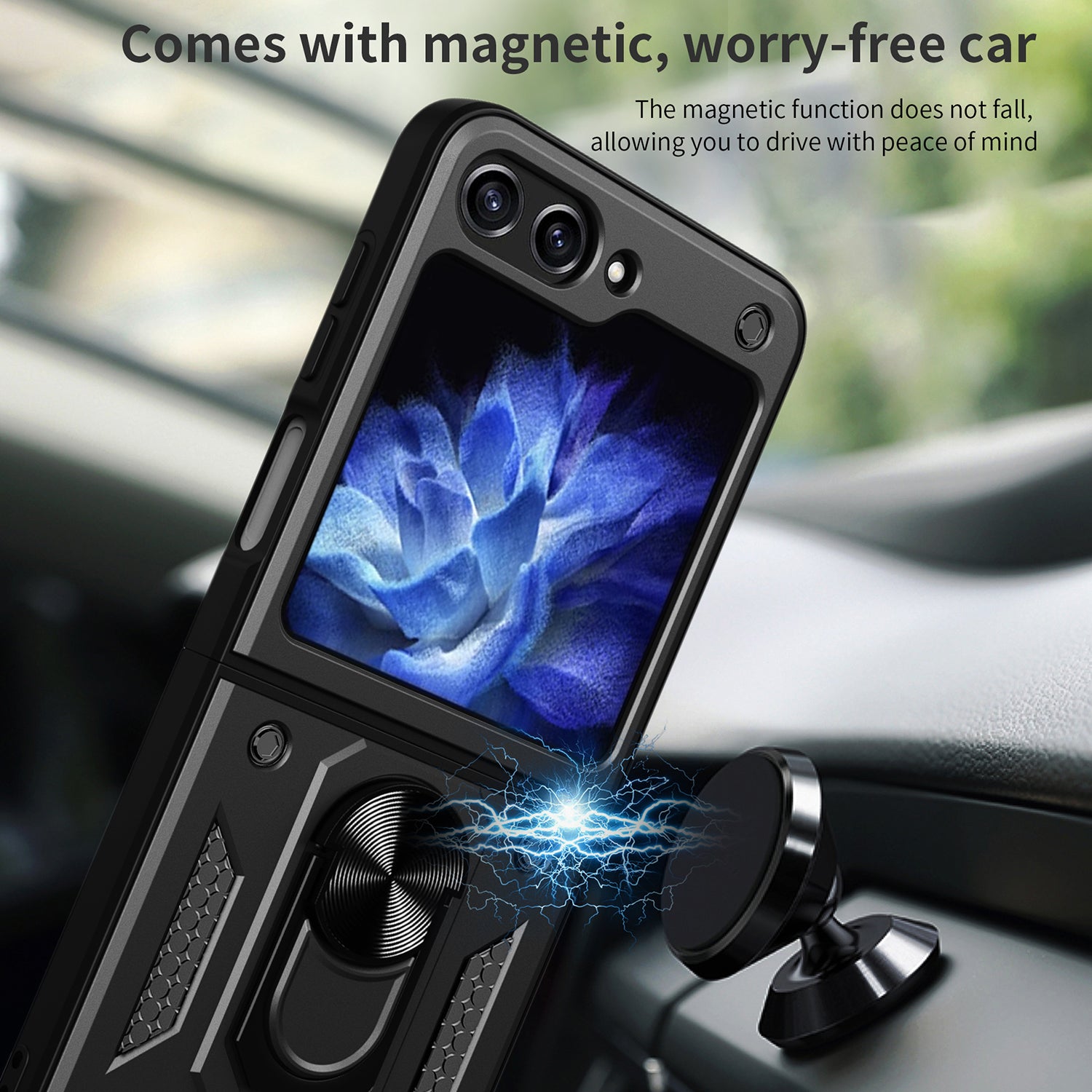 Kickstand Phone Case for Samsung Galaxy Z Flip5 5G , PC+TPU Magnetic Car Mount Phone Cover - Green