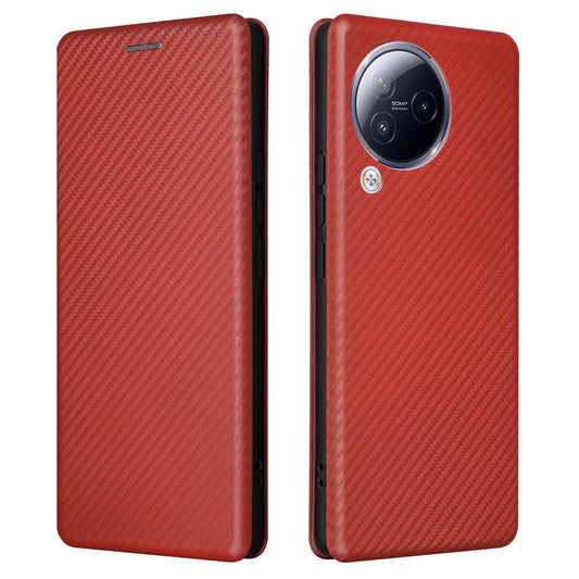 Uniqkart for Xiaomi Civi 3 5G Anti-Scratch Leather Phone Stand Case Carbon Fiber Texture Cover with Card Holder - Brown