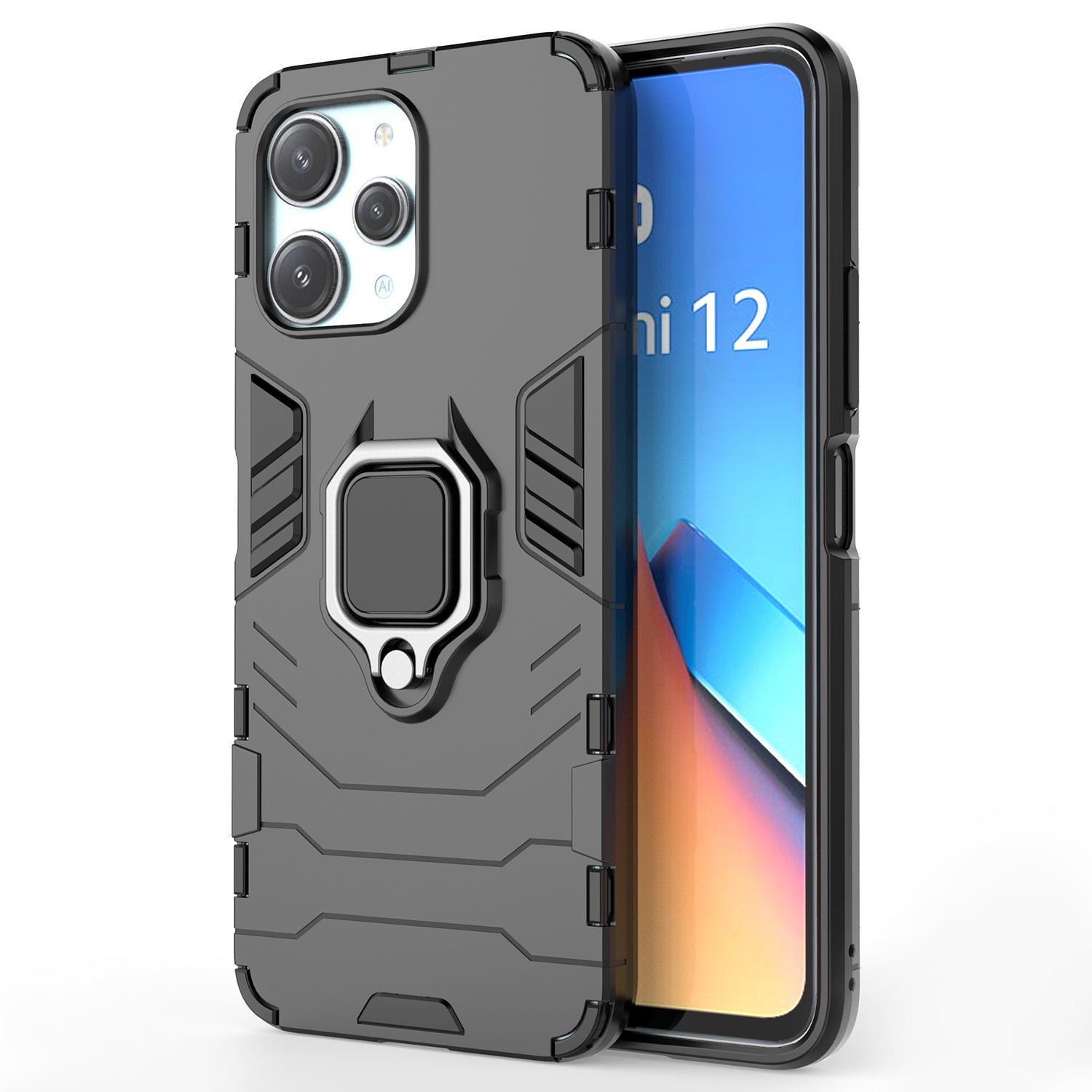 Uniqkart for Xiaomi Redmi 12 4G Drop-Proof Shell Ring Holder Kickstand Protective Cover TPU + PC Phone Case - Black