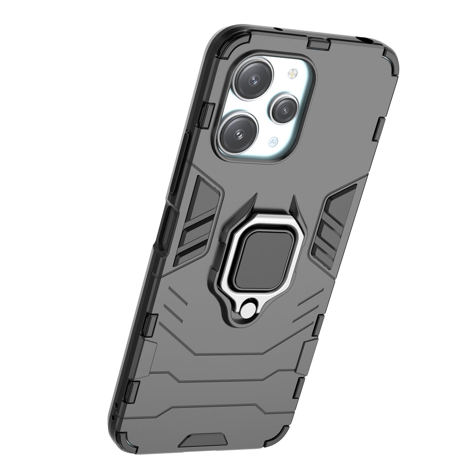 Uniqkart for Xiaomi Redmi 12 4G Drop-Proof Shell Ring Holder Kickstand Protective Cover TPU + PC Phone Case - Black