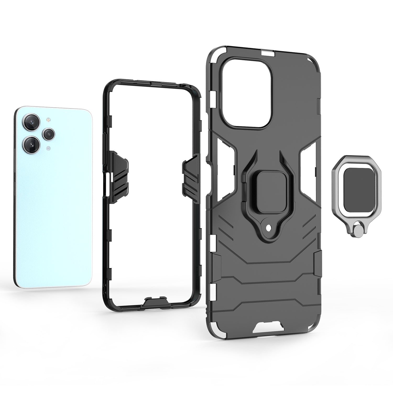 Uniqkart for Xiaomi Redmi 12 4G Drop-Proof Shell Ring Holder Kickstand Protective Cover TPU + PC Phone Case - Black