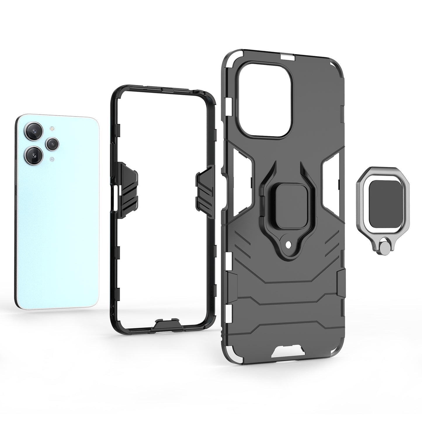 Uniqkart for Xiaomi Redmi 12 4G Drop-Proof Shell Ring Holder Kickstand Protective Cover TPU + PC Phone Case - Black