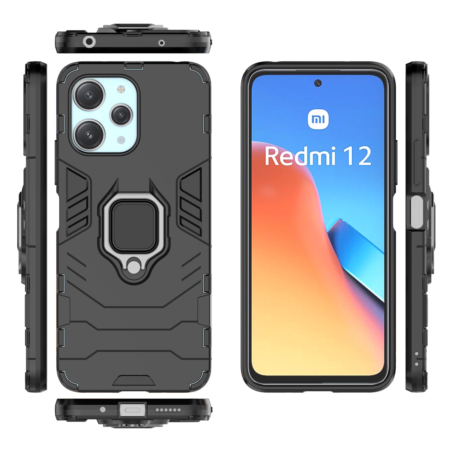 Uniqkart for Xiaomi Redmi 12 4G Drop-Proof Shell Ring Holder Kickstand Protective Cover TPU + PC Phone Case - Black