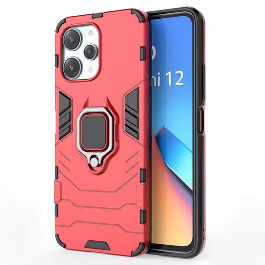 Uniqkart for Xiaomi Redmi 12 4G Drop-Proof Shell Ring Holder Kickstand Protective Cover TPU + PC Phone Case - Red