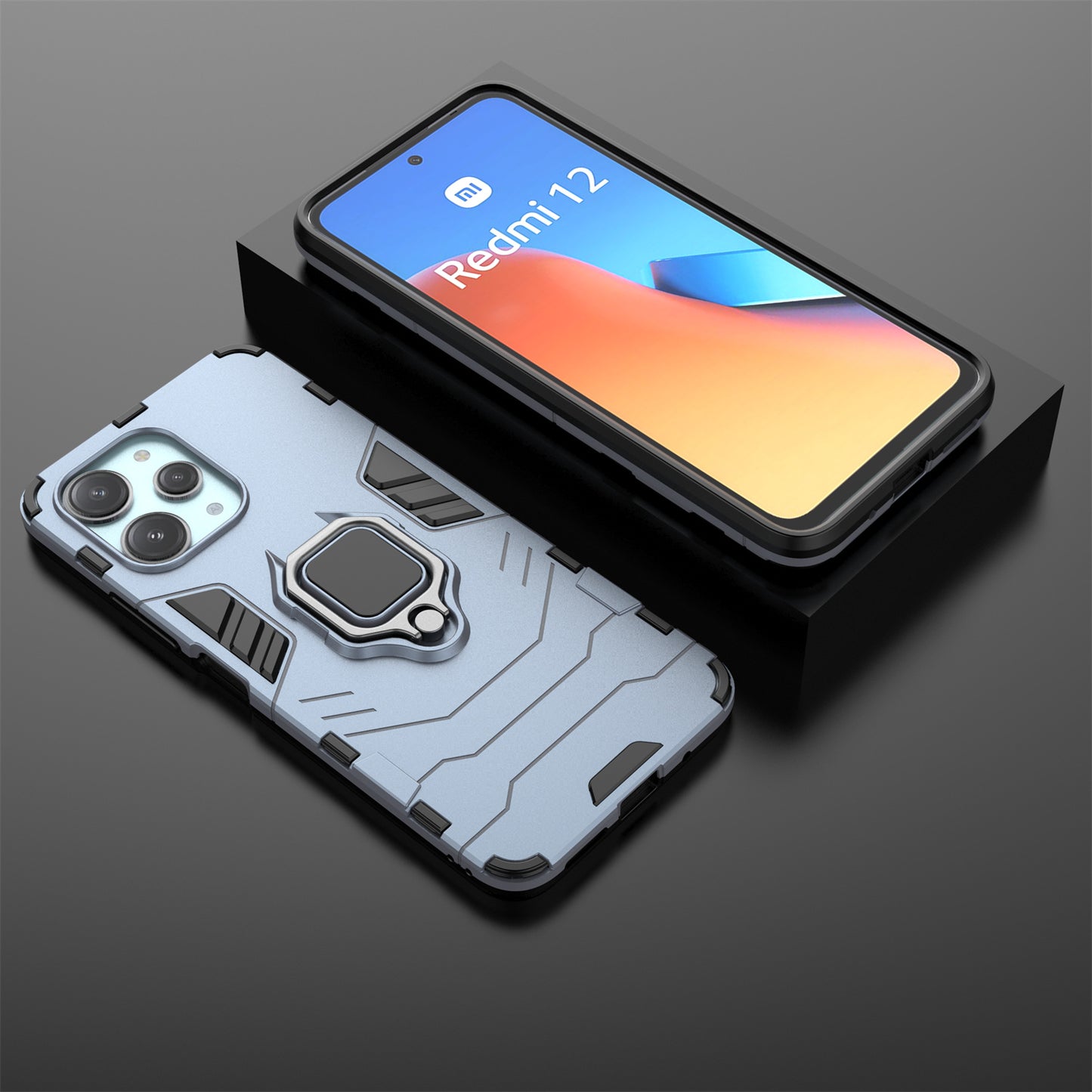 Uniqkart for Xiaomi Redmi 12 4G Drop-Proof Shell Ring Holder Kickstand Protective Cover TPU + PC Phone Case - Blue