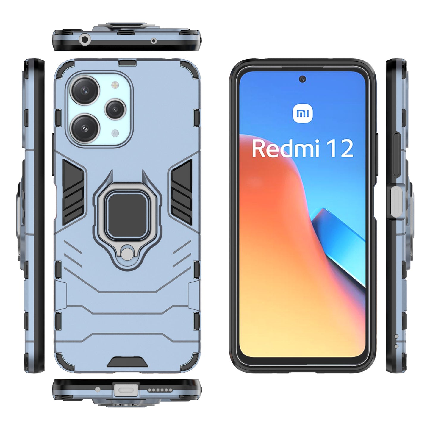 Uniqkart for Xiaomi Redmi 12 4G Drop-Proof Shell Ring Holder Kickstand Protective Cover TPU + PC Phone Case - Blue