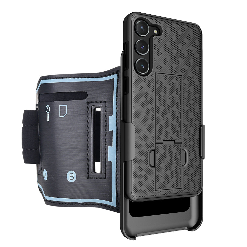 Uniqkart for Samsung Galaxy S23 Phone Kickstand Case Card Holder Hard PC Cover with Nylon Sport Armband