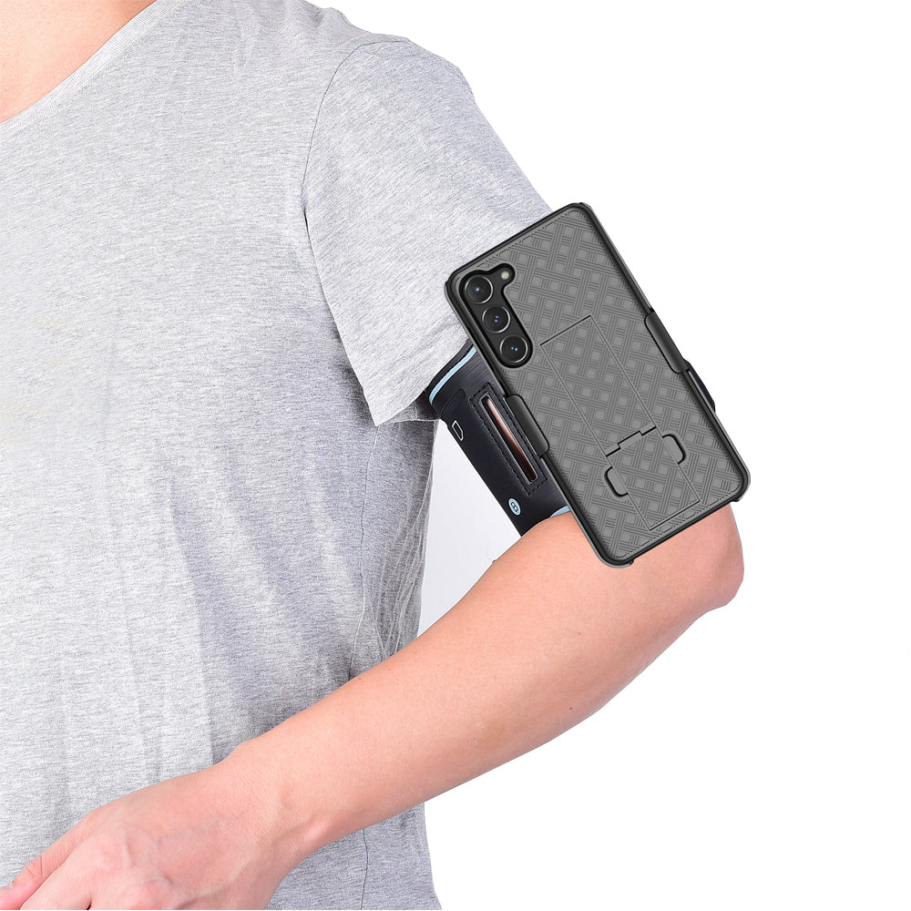 Uniqkart for Samsung Galaxy S23+ Kickstand Hard PC Phone Cover Card Slot Phone Case with Nylon Sport Armband