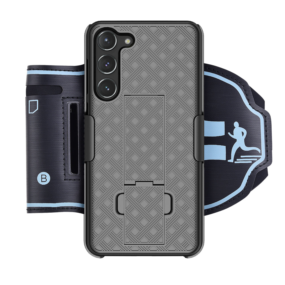 Uniqkart for Samsung Galaxy S23+ Kickstand Hard PC Phone Cover Card Slot Phone Case with Nylon Sport Armband