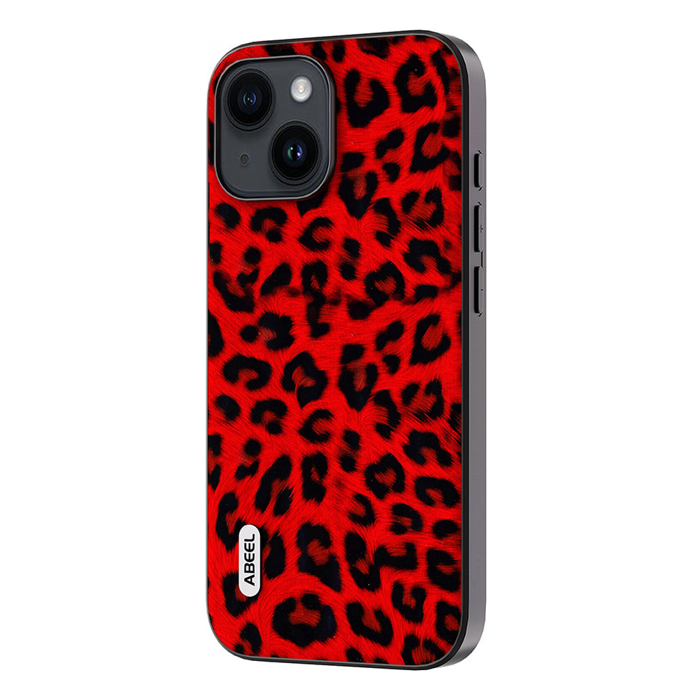 Uniqkart For iPhone 15 Leopard Texture Phone Case PU Leather Coated PC+TPU Anti-drop Cover - Red