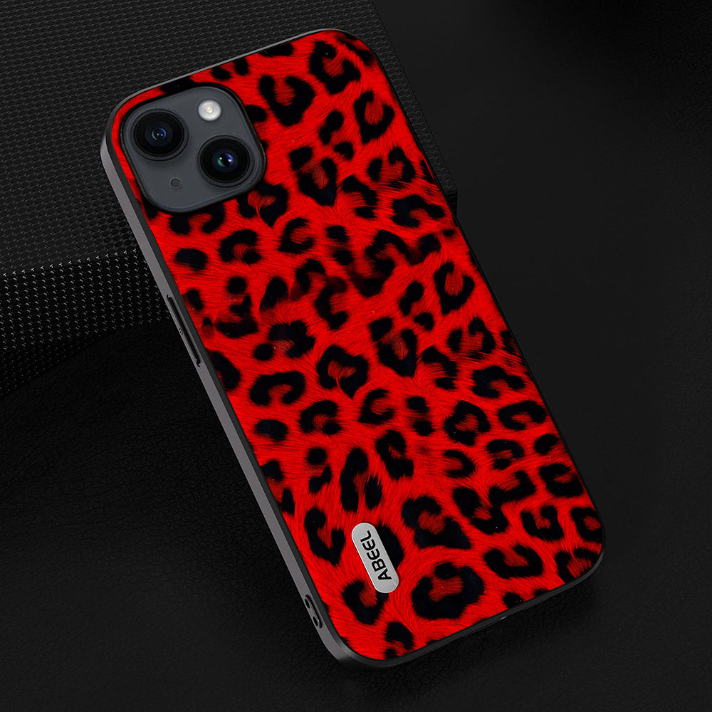 Uniqkart For iPhone 15 Leopard Texture Phone Case PU Leather Coated PC+TPU Anti-drop Cover - Red