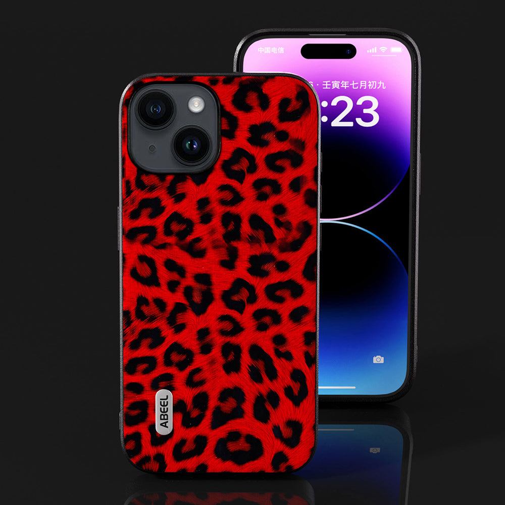Uniqkart For iPhone 15 Leopard Texture Phone Case PU Leather Coated PC+TPU Anti-drop Cover - Red