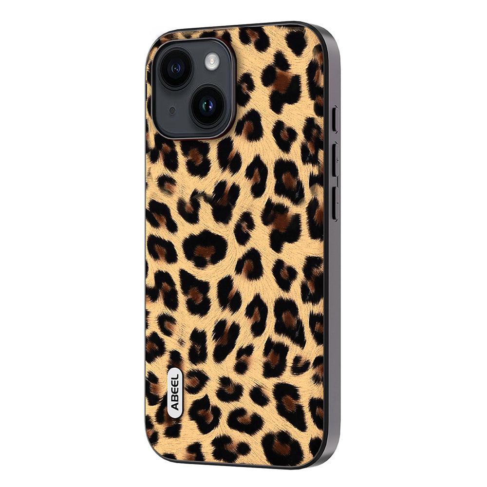 Uniqkart For iPhone 15 Leopard Texture Phone Case PU Leather Coated PC+TPU Anti-drop Cover - Champagne Gold