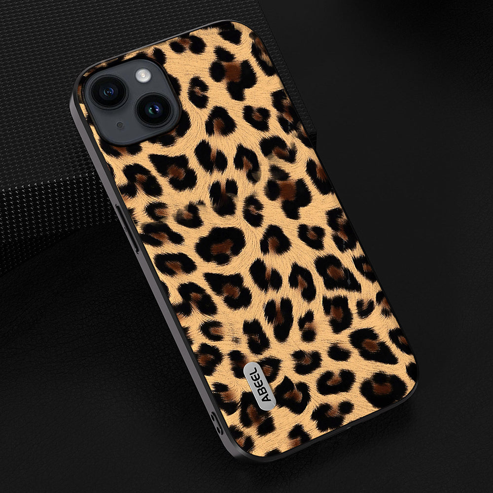 Uniqkart For iPhone 15 Leopard Texture Phone Case PU Leather Coated PC+TPU Anti-drop Cover - Champagne Gold