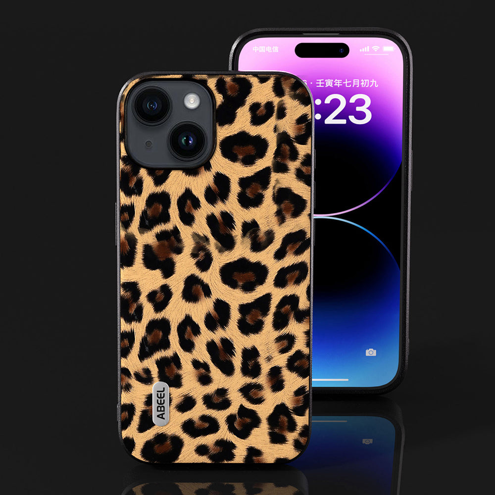 Uniqkart For iPhone 15 Leopard Texture Phone Case PU Leather Coated PC+TPU Anti-drop Cover - Champagne Gold