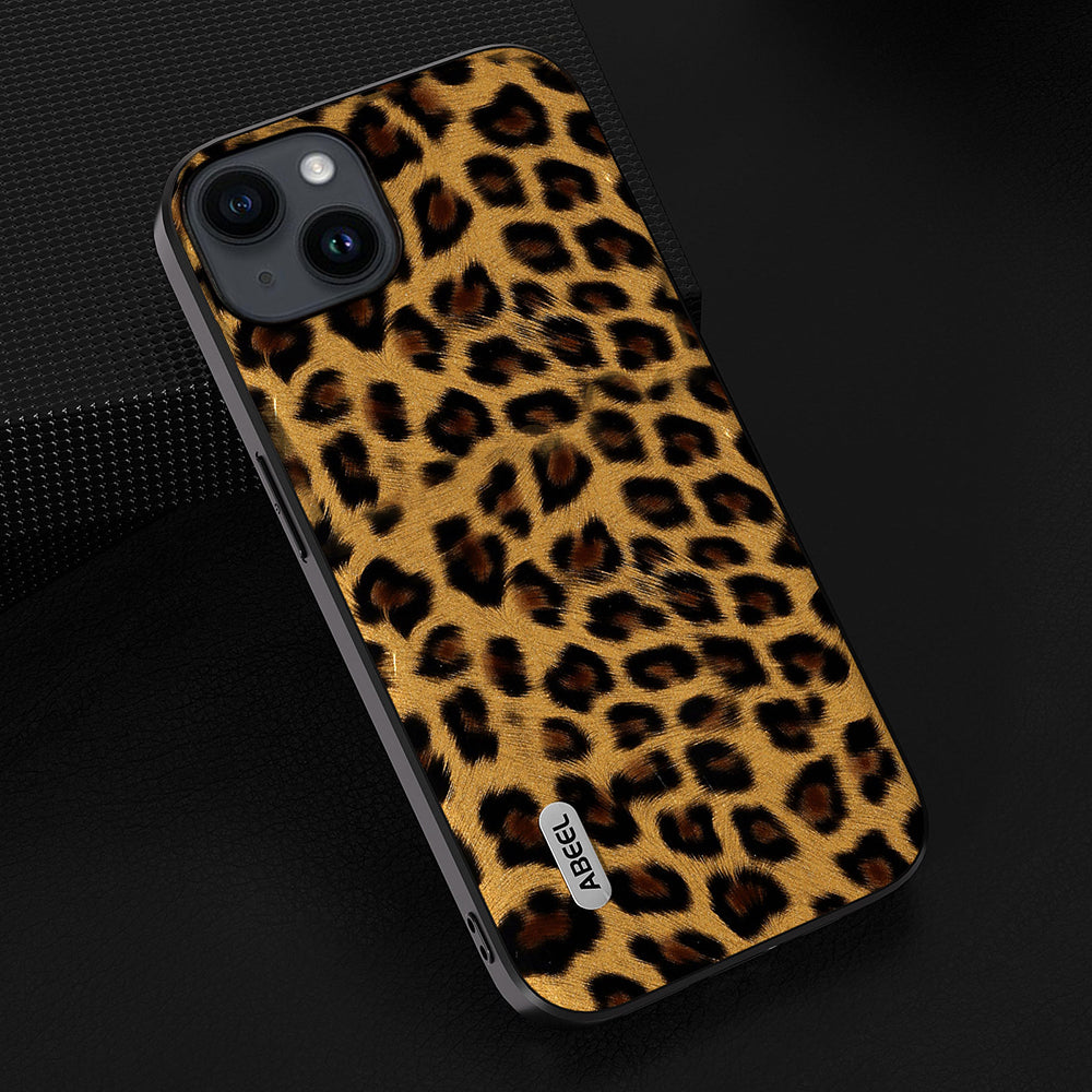 Uniqkart for iPhone 15 Plus Phone Case Leopard Texture PU Leather + TPU + PC Protective Cover - Gold