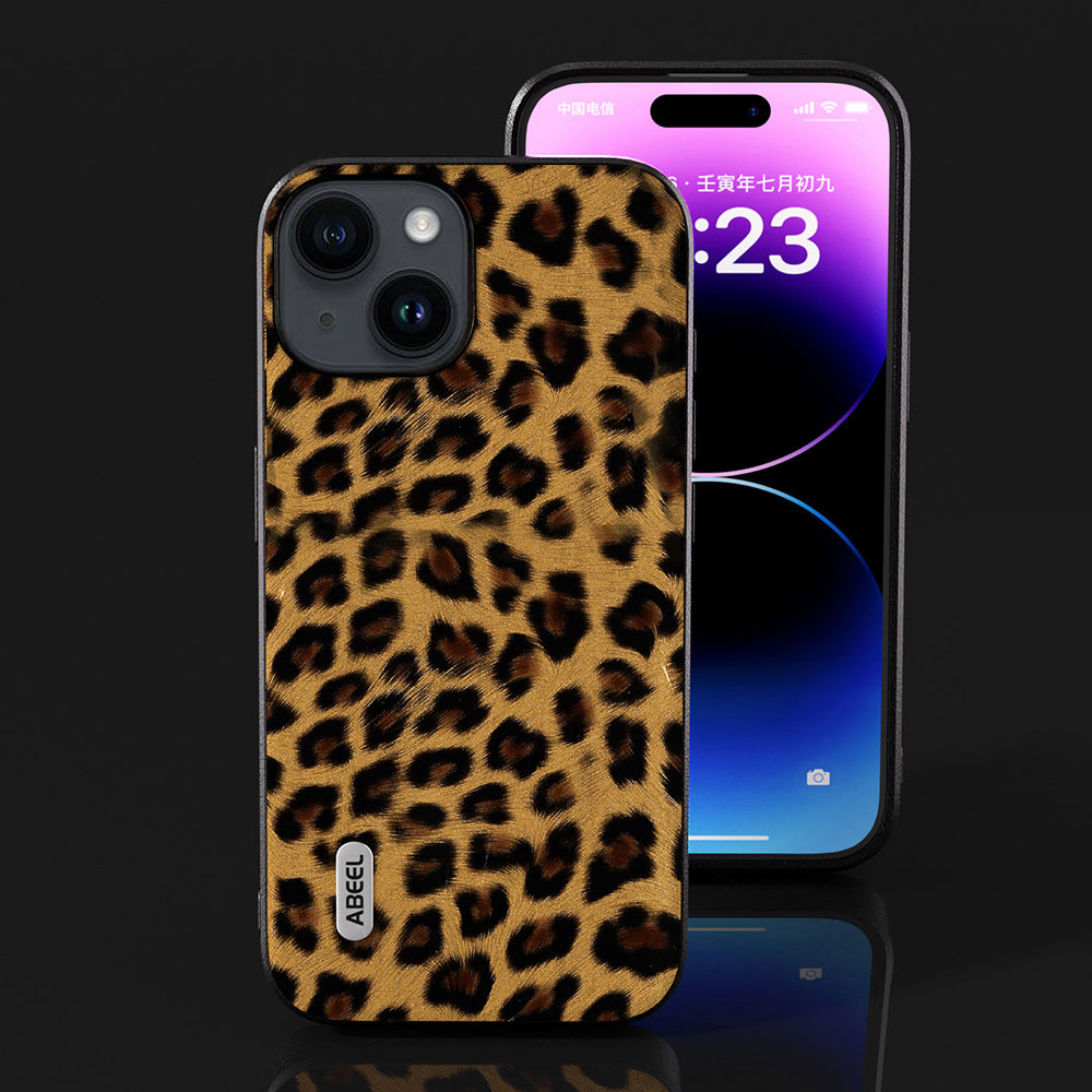Uniqkart for iPhone 15 Plus Phone Case Leopard Texture PU Leather + TPU + PC Protective Cover - Gold