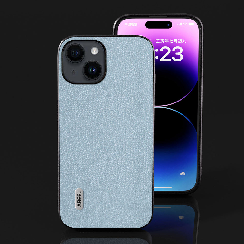 Uniqkart for iPhone 15 Phone Case Flexible TPU+Textured Genuine Cow Leather Cell Phone Cover Phone Case - Baby Blue