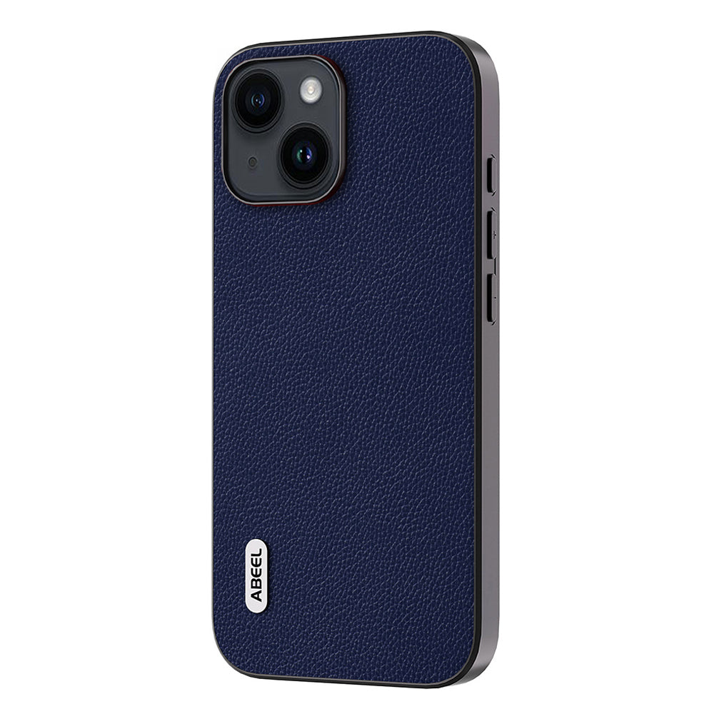 Uniqkart For iPhone 15 Plus Textured Genuine Cow Leather+TPU Cell Phone Cover Anti-Dust Phone Case - Dark Blue