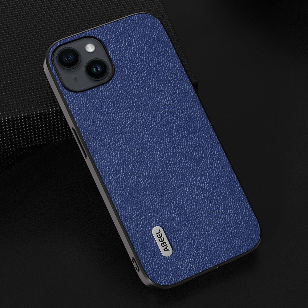 Uniqkart For iPhone 15 Plus Textured Genuine Cow Leather+TPU Cell Phone Cover Anti-Dust Phone Case - Dark Blue