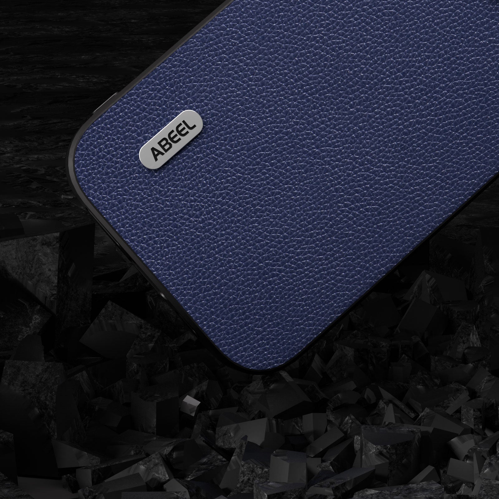 Uniqkart For iPhone 15 Plus Textured Genuine Cow Leather+TPU Cell Phone Cover Anti-Dust Phone Case - Dark Blue