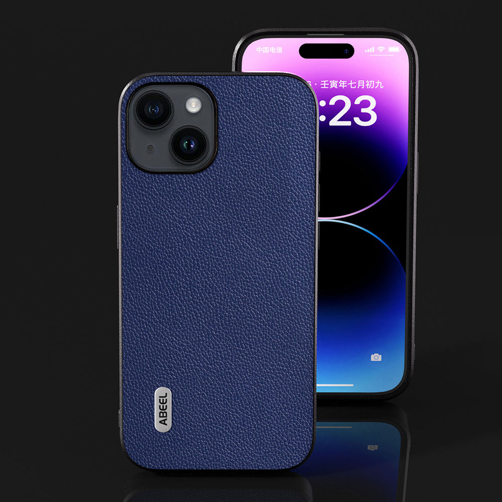 Uniqkart For iPhone 15 Plus Textured Genuine Cow Leather+TPU Cell Phone Cover Anti-Dust Phone Case - Dark Blue