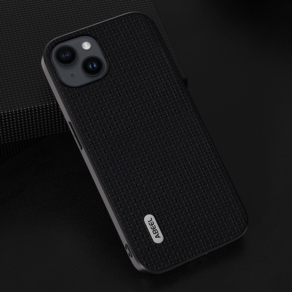 Uniqkart for iPhone 15 Plus Genuine Cow Leather+TPU Cover Anti-Scratch Cell Phone Case - Black