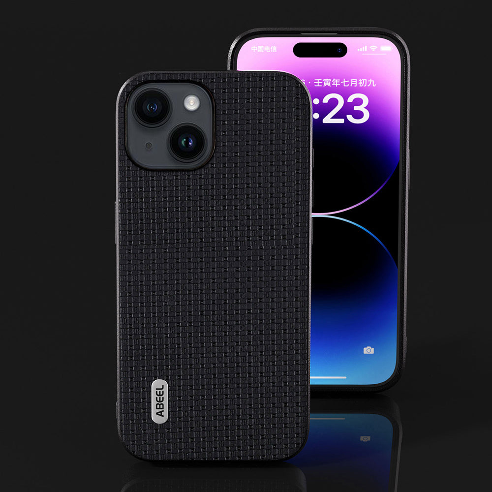 Uniqkart for iPhone 15 Mobile Phone Cover Dustproof Genuine Cow Leather+TPU Phone Case - Black