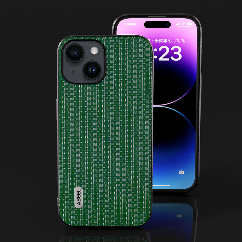 Uniqkart for iPhone 15 Mobile Phone Cover Dustproof Genuine Cow Leather+TPU Phone Case - Green