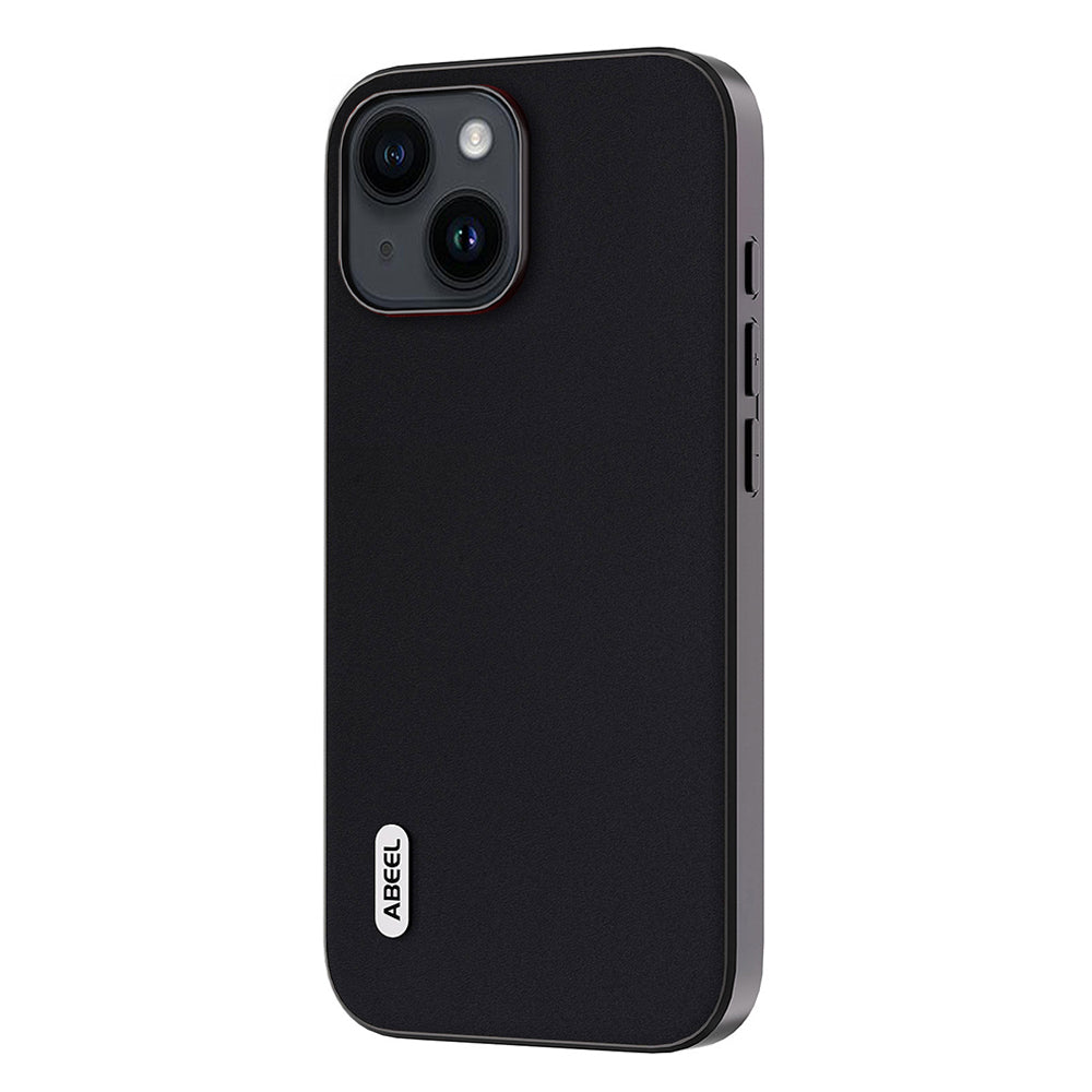 Uniqkart For iPhone 15 Plus Silky Feeling Genuine Cow Leather+TPU+PC Cover Anti-Scratch Cell Phone Case - Black