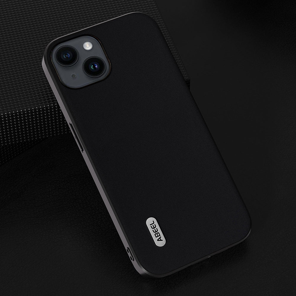 Uniqkart For iPhone 15 Plus Silky Feeling Genuine Cow Leather+TPU+PC Cover Anti-Scratch Cell Phone Case - Black
